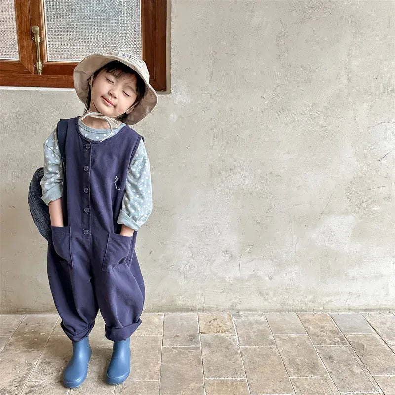 ノースリーブジャンプスーツ キッズジャンプスーツ ダイヤ刺繍ワンポイントノースリーブオーバーオール 2カラー