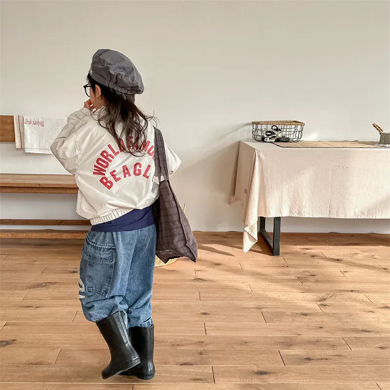 ショートコート・ジャケット・ジャンパー キッズアウター バックレターロゴプリントウィンドブレーカージャケット カラフルパッチワークジャンパー 2カラー