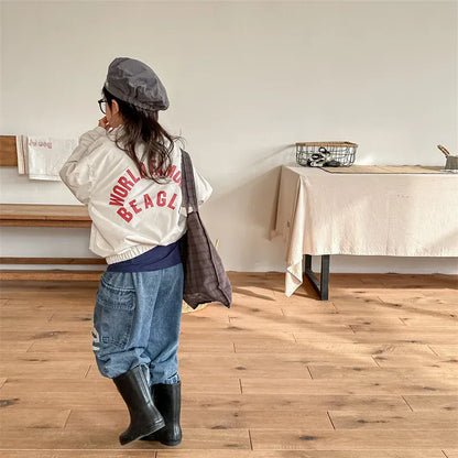 ショートコート・ジャケット・ジャンパー キッズアウター バックレターロゴプリントウィンドブレーカージャケット カラフルパッチワークジャンパー 2カラー