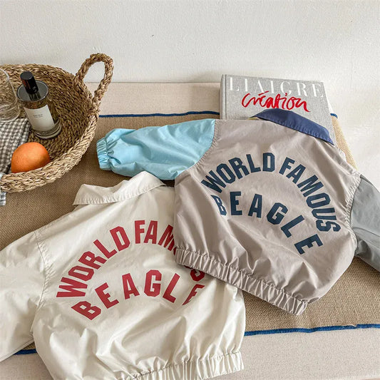 ショートコート・ジャケット・ジャンパー キッズアウター バックレターロゴプリントウィンドブレーカージャケット カラフルパッチワークジャンパー 2カラー