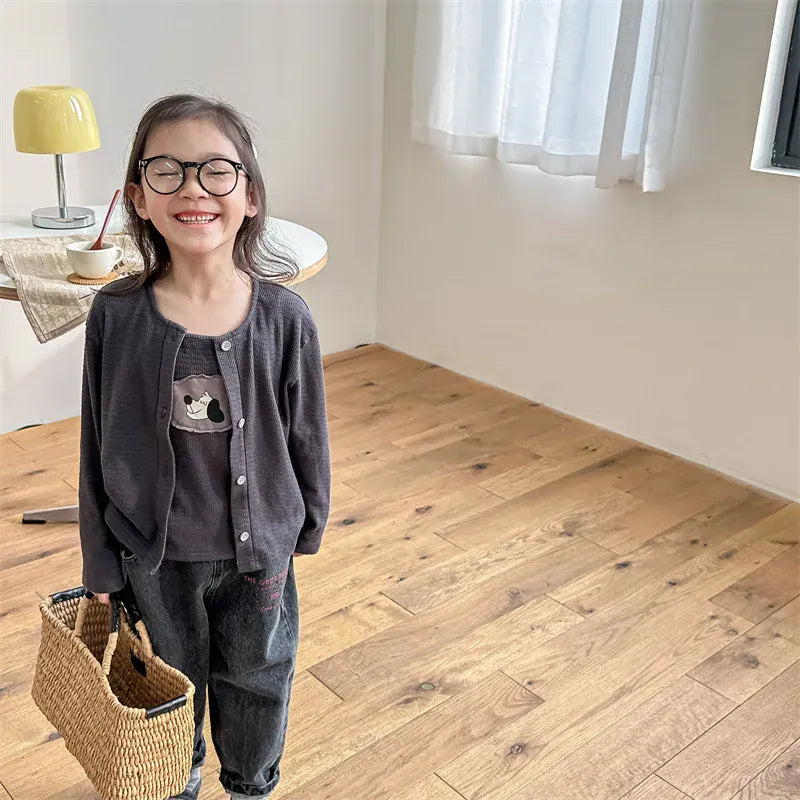 長袖セットアップ キッズトップスセット 犬ドッグパッチワークキャミソール+カーディガン アンサンブルトップス 2カラー