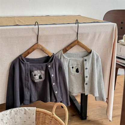 長袖セットアップ キッズトップスセット 犬ドッグパッチワークキャミソール+カーディガン アンサンブルトップス 2カラー