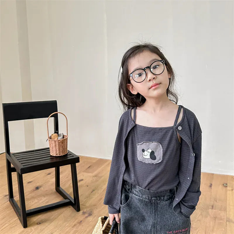 長袖セットアップ キッズトップスセット 犬ドッグパッチワークキャミソール+カーディガン アンサンブルトップス 2カラー