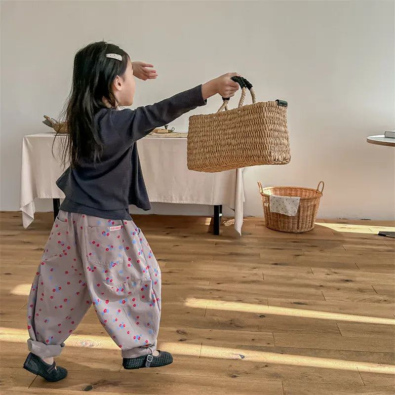 ロングパンツ・スウェットパンツ キッズパンツ ベアくま刺繍レトロフラワープリントロングルーズハーレムパンツ 2カラー