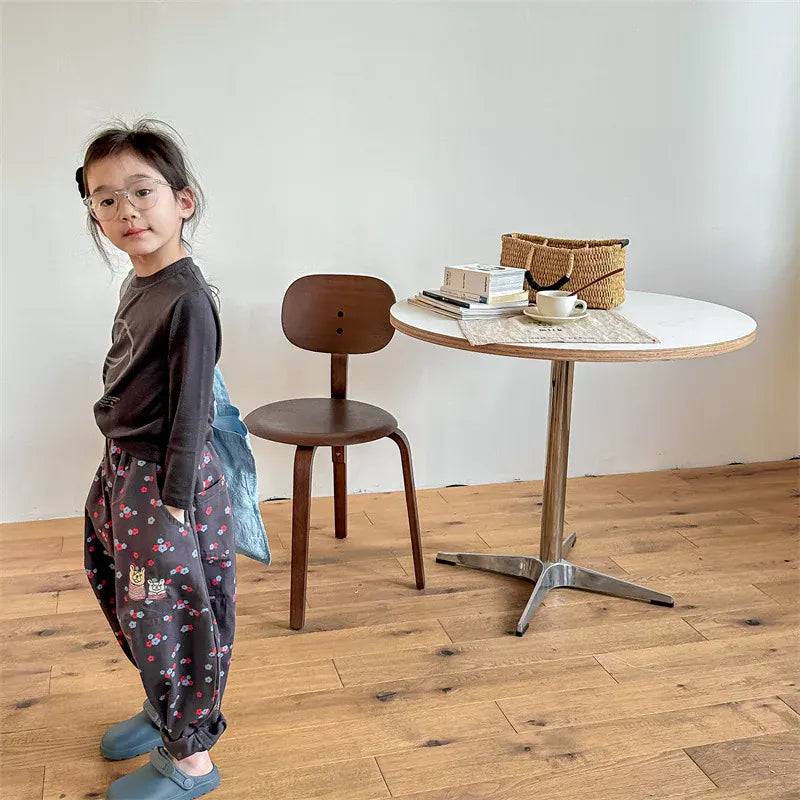 ロングパンツ・スウェットパンツ キッズパンツ ベアくま刺繍レトロフラワープリントロングルーズハーレムパンツ 2カラー