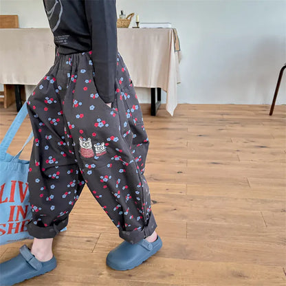 ロングパンツ・スウェットパンツ キッズパンツ ベアくま刺繍レトロフラワープリントロングルーズハーレムパンツ 2カラー