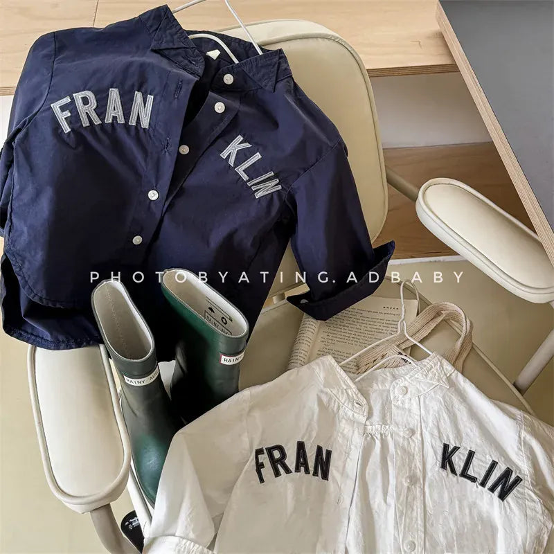 長袖シャツ・ブラウス キッズトップス レターロゴ刺繍長袖オーバーシャツ 2カラー