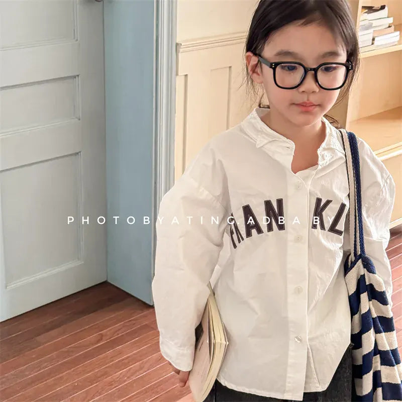 長袖シャツ・ブラウス キッズトップス レターロゴ刺繍長袖オーバーシャツ 2カラー