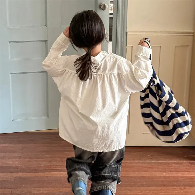長袖シャツ・ブラウス キッズトップス レターロゴ刺繍長袖オーバーシャツ 2カラー
