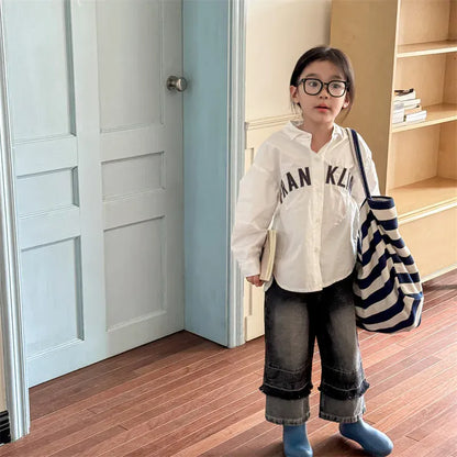 長袖シャツ・ブラウス キッズトップス レターロゴ刺繍長袖オーバーシャツ 2カラー