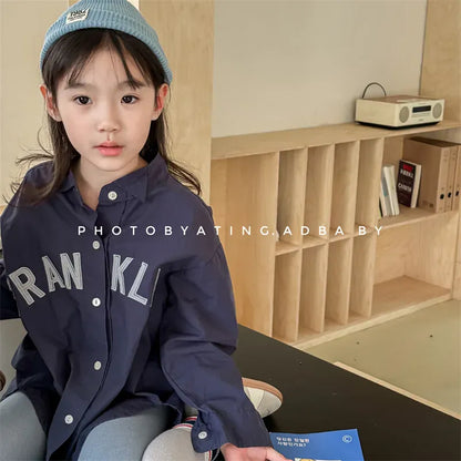 長袖シャツ・ブラウス キッズトップス レターロゴ刺繍長袖オーバーシャツ 2カラー