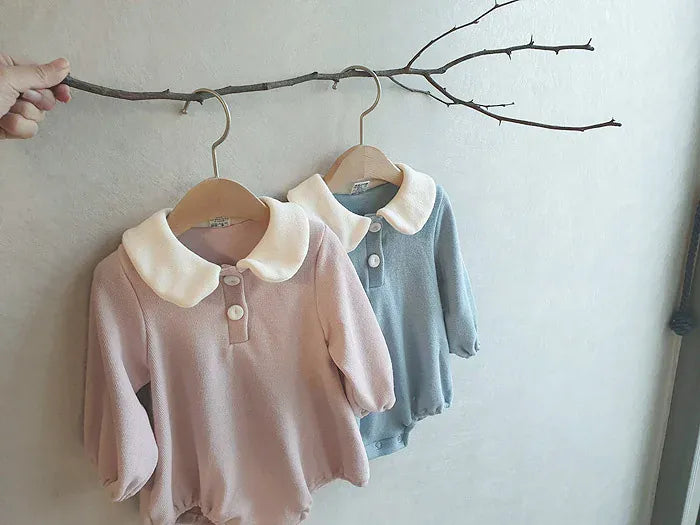 長袖ロンパース ベビーロンパース 襟付き長袖ボディスーツ 2カラー