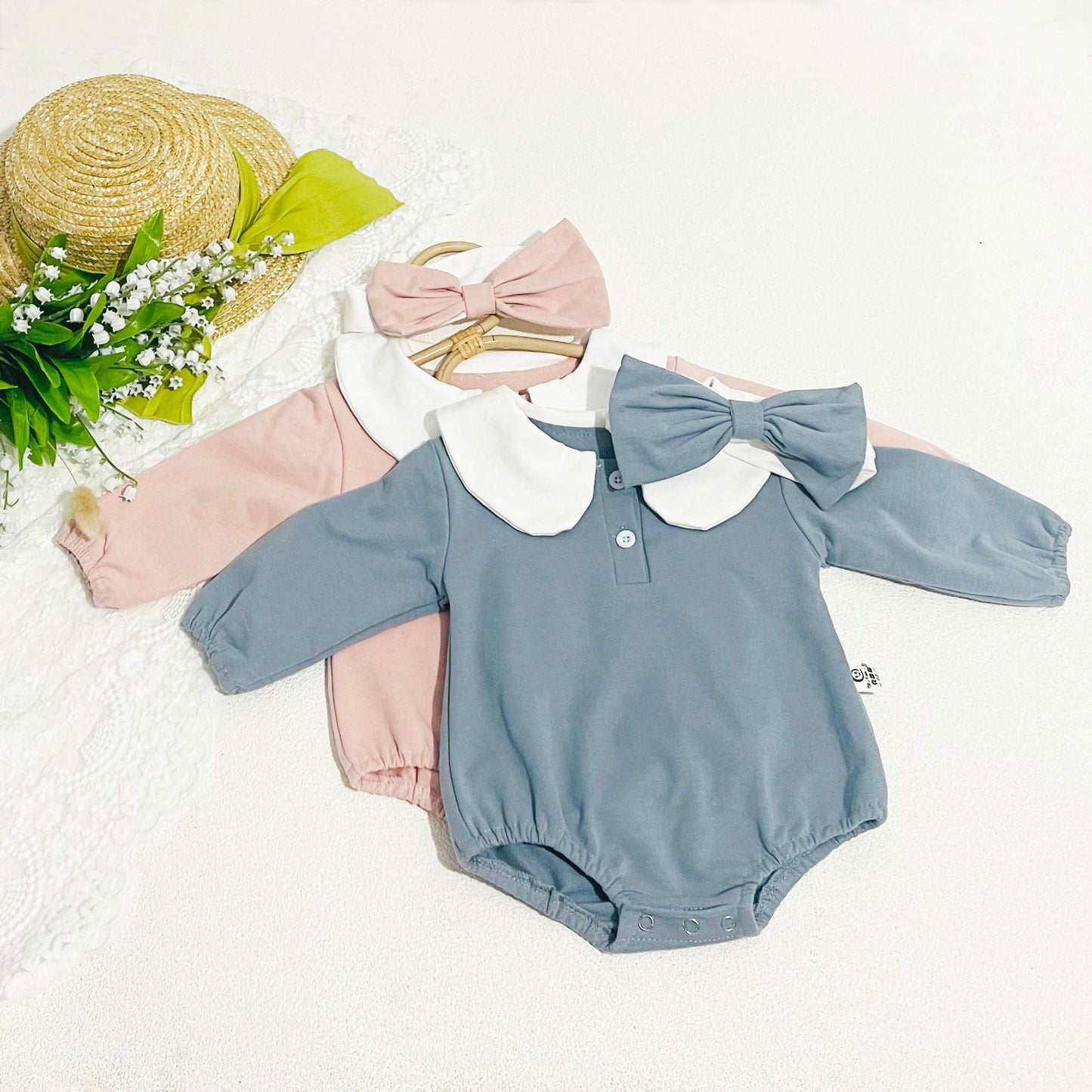 長袖ロンパース ベビーロンパース 襟付き長袖ボディスーツ 2カラー