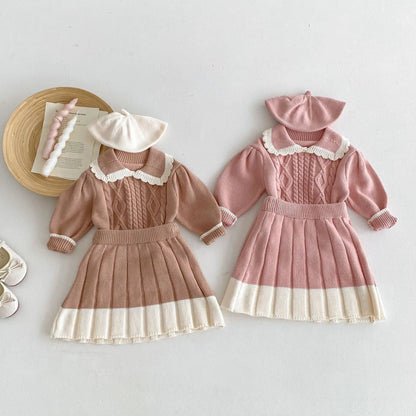 長袖セットアップ キッズトップス/スカート ニットフリル襟セーター/ニットプリーツスカート 2カラー