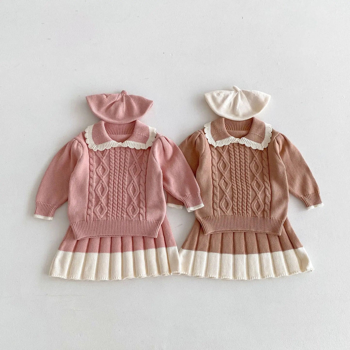 長袖セットアップ キッズトップス/スカート ニットフリル襟セーター/ニットプリーツスカート 2カラー