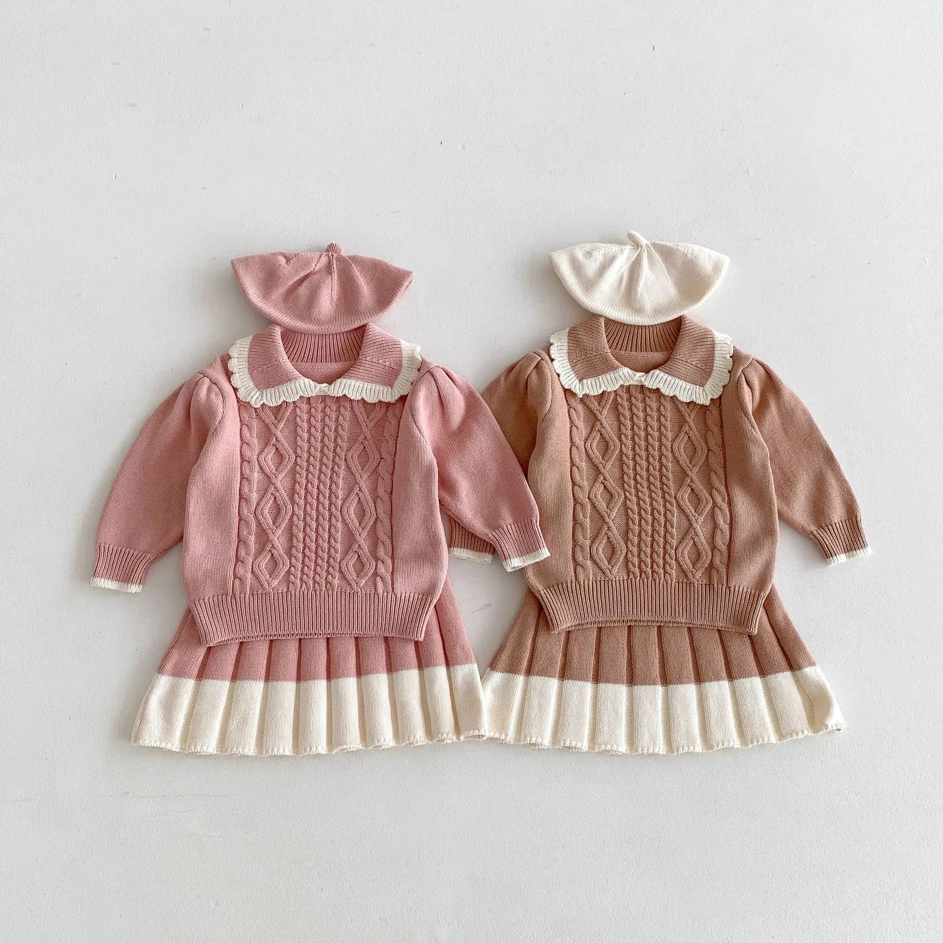 長袖セットアップ キッズトップス/スカート ニットフリル襟セーター/ニットプリーツスカート 2カラー
