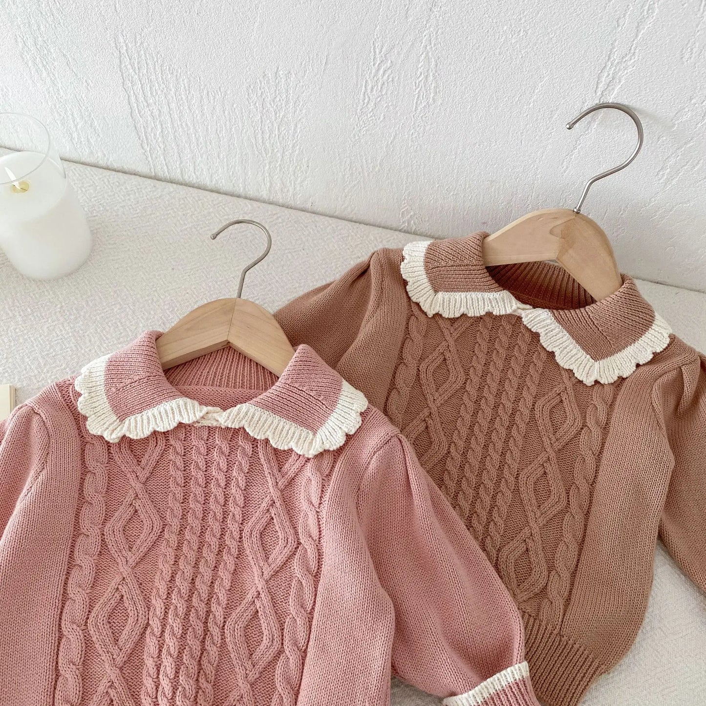 長袖セットアップ キッズトップス/スカート ニットフリル襟セーター/ニットプリーツスカート 2カラー