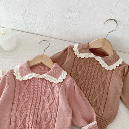 長袖セットアップ キッズトップス/スカート ニットフリル襟セーター/ニットプリーツスカート 2カラー