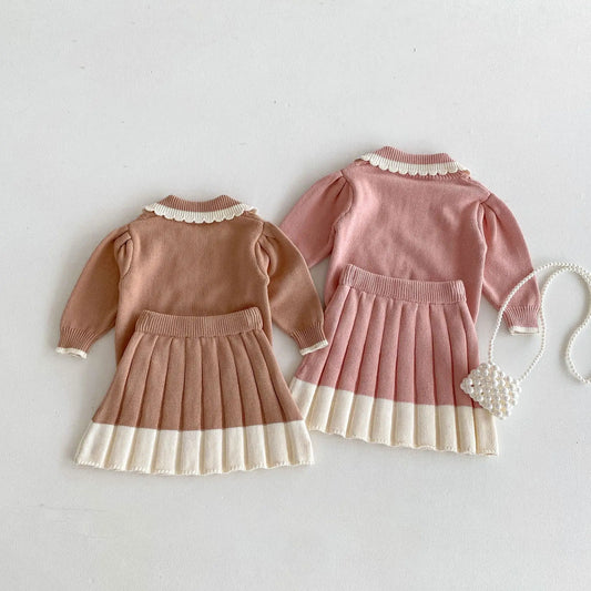 長袖セットアップ キッズトップス/スカート ニットフリル襟セーター/ニットプリーツスカート 2カラー
