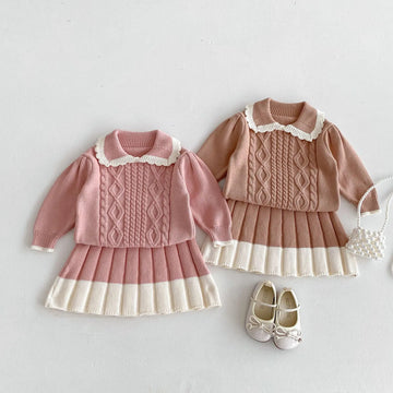 長袖セットアップ キッズトップス/スカート ニットフリル襟セーター/ニットプリーツスカート 2カラー