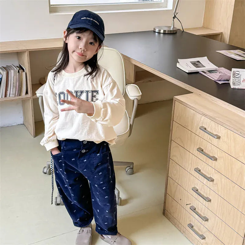 ロングパンツ・スウェットパンツ キッズパンツ ルーズロングパンツ リボンプリント 2カラー