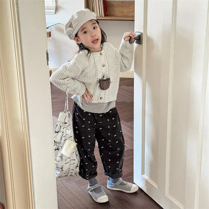 ロングパンツ・スウェットパンツ キッズパンツ ルーズロングパンツ リボンプリント 2カラー