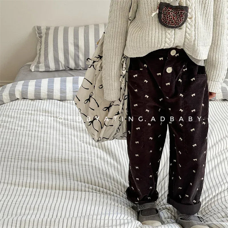 ロングパンツ・スウェットパンツ キッズパンツ ルーズロングパンツ リボンプリント 2カラー