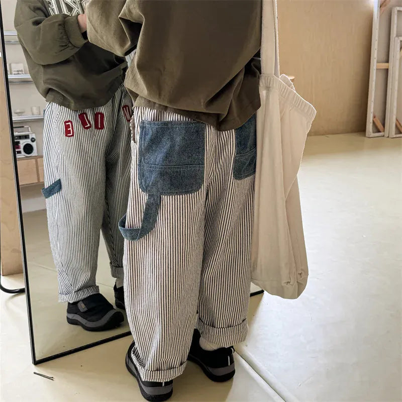 ロングパンツ・スウェットパンツ キッズパンツ ストライプ ルーズロングパンツ ヒッコリーパンツ 2カラー