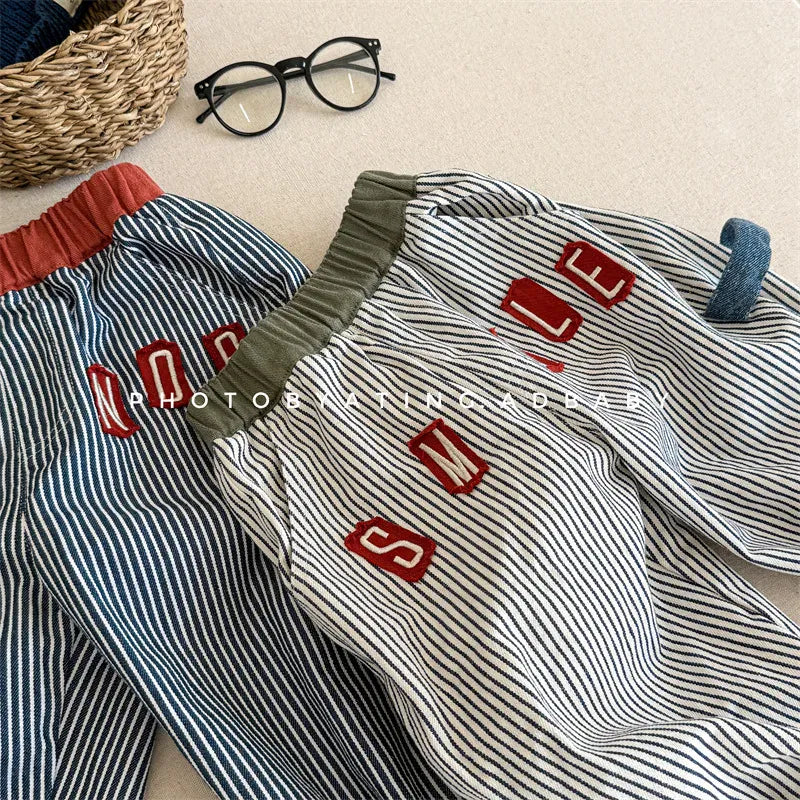 ロングパンツ・スウェットパンツ キッズパンツ ストライプ ルーズロングパンツ ヒッコリーパンツ 2カラー