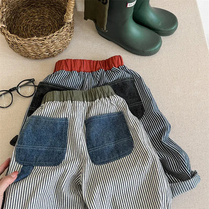 ロングパンツ・スウェットパンツ キッズパンツ ストライプ ルーズロングパンツ ヒッコリーパンツ 2カラー