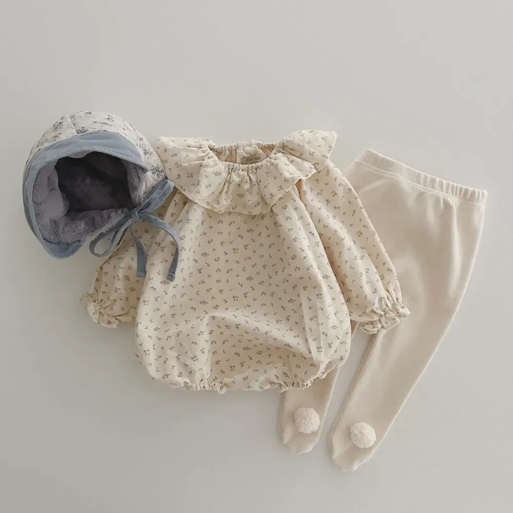 長袖ロンパース ベビーロンパース フリルサークル襟 長袖ボディスーツ フラワー花柄プリント 2カラー