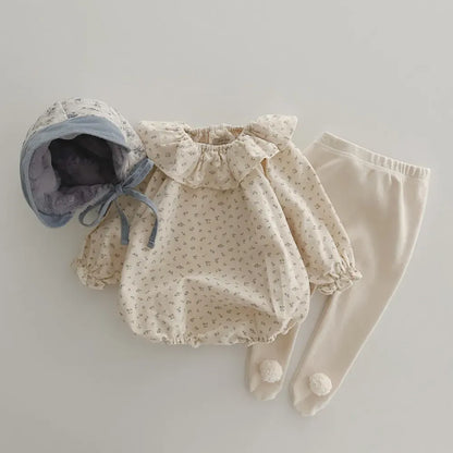 長袖ロンパース ベビーロンパース フリルサークル襟 長袖ボディスーツ フラワー花柄プリント 2カラー