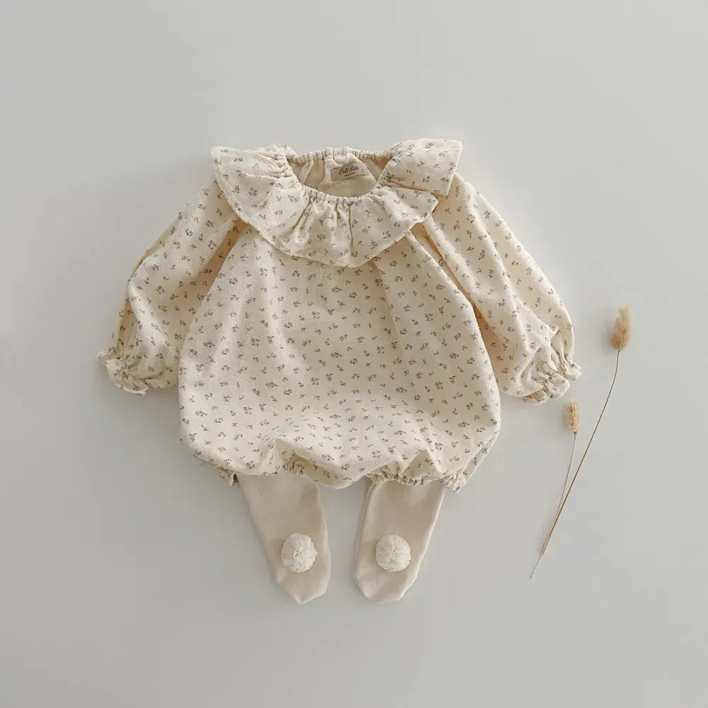 長袖ロンパース ベビーロンパース フリルサークル襟 長袖ボディスーツ フラワー花柄プリント 2カラー