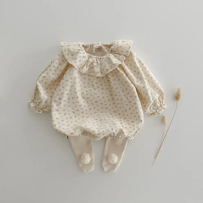 長袖ロンパース ベビーロンパース フリルサークル襟 長袖ボディスーツ フラワー花柄プリント 2カラー