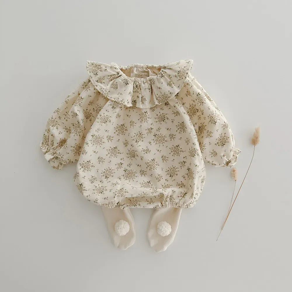 長袖ロンパース ベビーロンパース フリルサークル襟 長袖ボディスーツ フラワー花柄プリント 2カラー