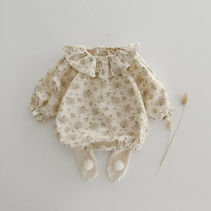 長袖ロンパース ベビーロンパース フリルサークル襟 長袖ボディスーツ フラワー花柄プリント 2カラー