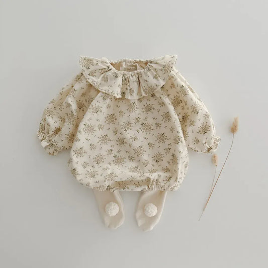 長袖ロンパース ベビーロンパース フリルサークル襟 長袖ボディスーツ フラワー花柄プリント 2カラー