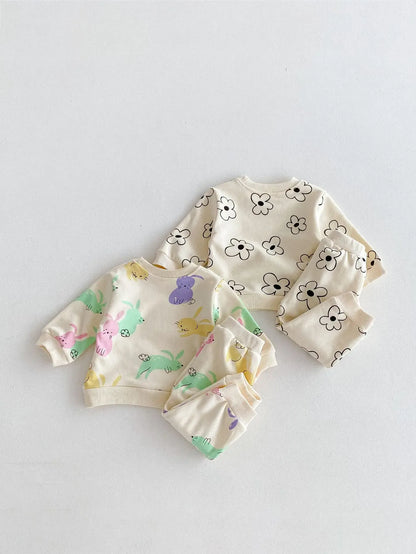 長袖セットアップ ベビーキッズセットアップ 2点セット スウェットシャツ+スウェットパンツ レトロフラワー/カラフルラビットプリント