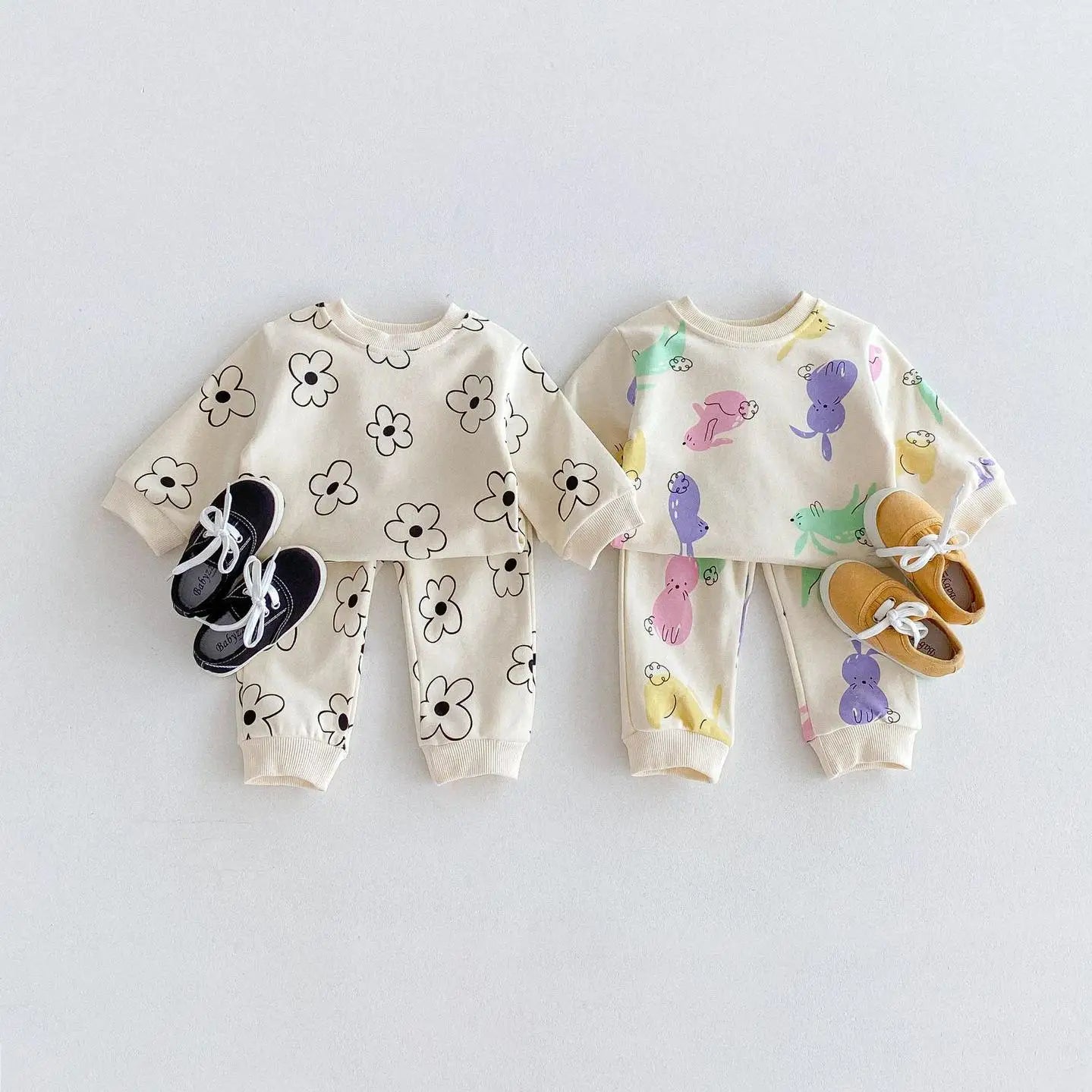 長袖セットアップ ベビーキッズセットアップ 2点セット スウェットシャツ+スウェットパンツ レトロフラワー/カラフルラビットプリント
