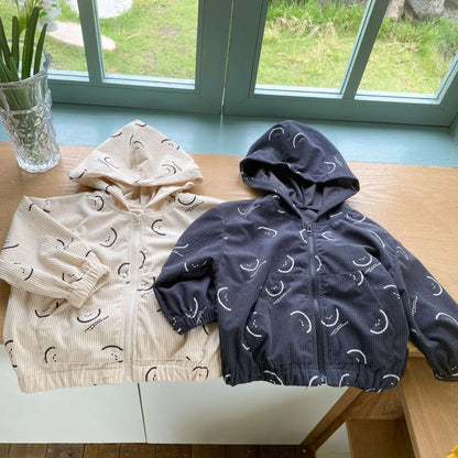 カーディガン・パーカー キッズトップス コーデュロイ フーディ フード付き パーカー スマイルプリント 2カラー