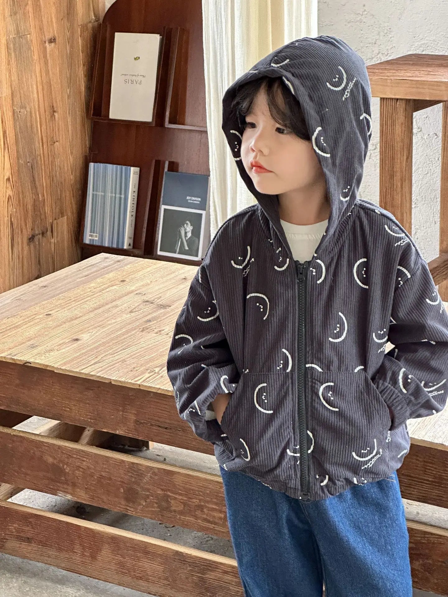 カーディガン・パーカー キッズトップス コーデュロイ フーディ フード付き パーカー スマイルプリント 2カラー