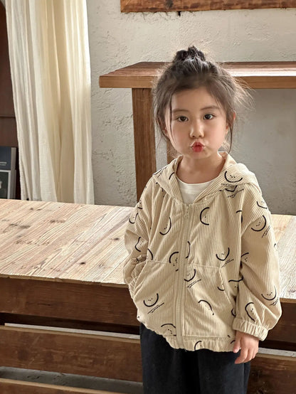 カーディガン・パーカー キッズトップス コーデュロイ フーディ フード付き パーカー スマイルプリント 2カラー