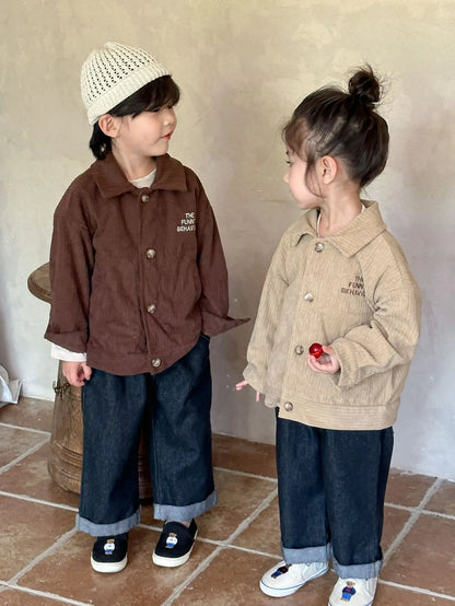 ショートコート・ジャケット・ジャンパー キッズアウター コーデュロイ 襟付きジャケット レトロコート レターロゴ刺繍 2カラー