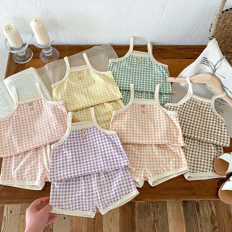 ノースリーブセットアップ ☺︎ ベビーセットアップ 2点セット キャミソールトップス+ショートパンツ チェック インナーウェア