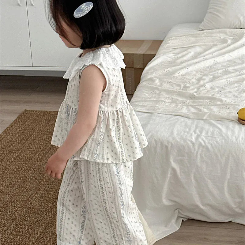 ノースリーブセットアップ キッズセットアップ 2点セット レース襟 ノースリーブペプラムチュニックブラウス+ワイドルーズパンツ フラワーストライププリント