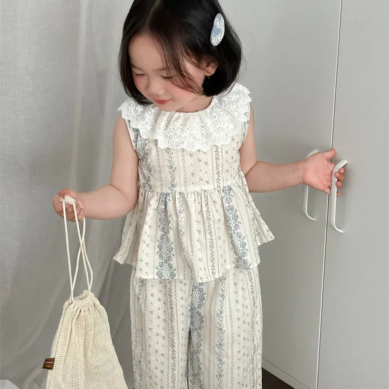 ノースリーブセットアップ キッズセットアップ 2点セット レース襟 ノースリーブペプラムチュニックブラウス+ワイドルーズパンツ フラワーストライププリント