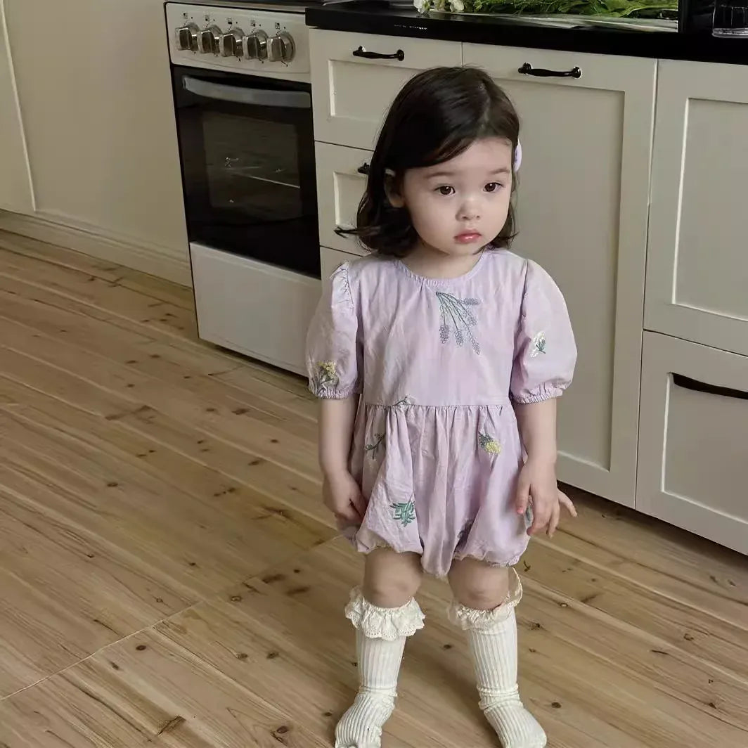 半袖ロンパース ベビーロンパース 半袖パフスリーブボディスーツ フラワー花柄刺繍 2カラー