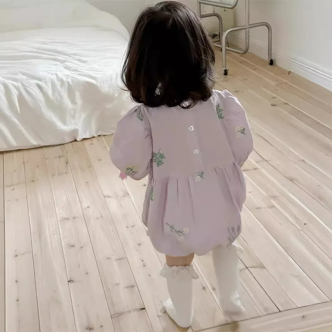 半袖ロンパース ベビーロンパース 半袖パフスリーブボディスーツ フラワー花柄刺繍 2カラー