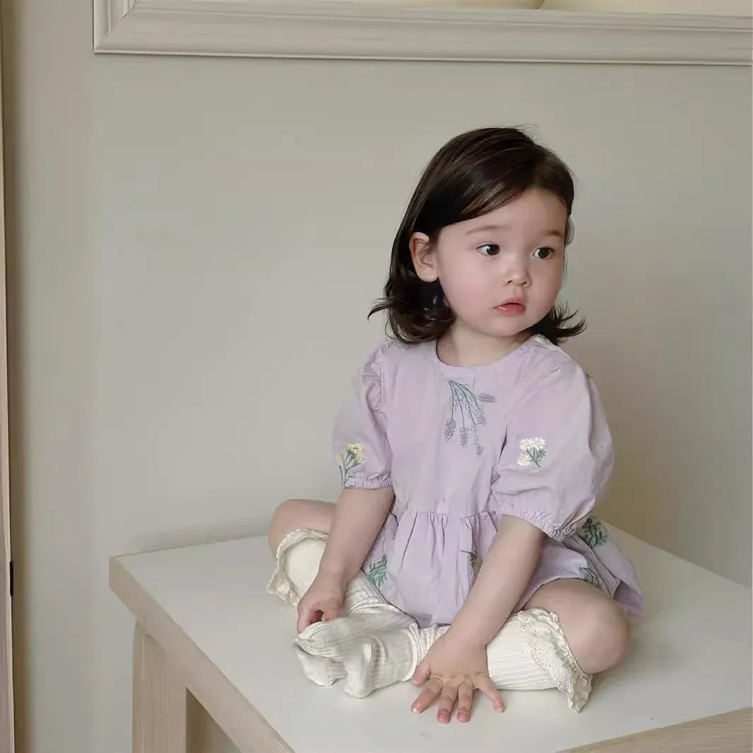 半袖ロンパース ベビーロンパース 半袖パフスリーブボディスーツ フラワー花柄刺繍 2カラー