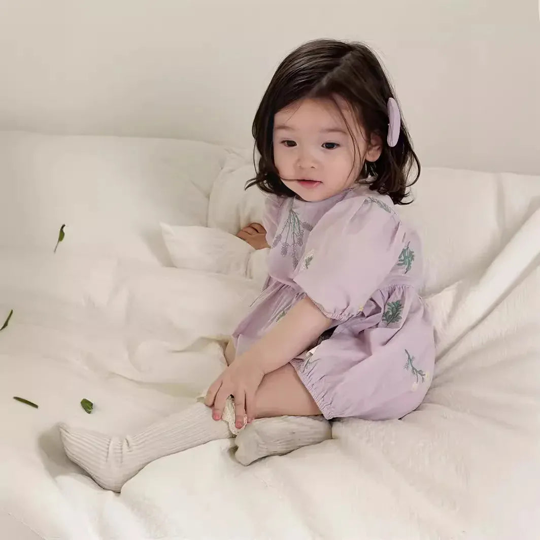 半袖ロンパース ベビーロンパース 半袖パフスリーブボディスーツ フラワー花柄刺繍 2カラー